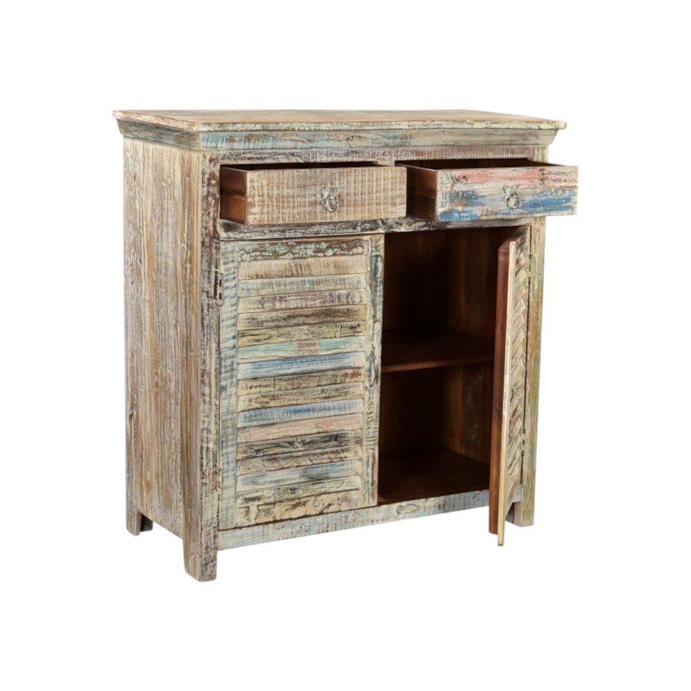 44" White Distressed Solid Wood Ribbed Texture Two Drawer Sideboard With Two Doors