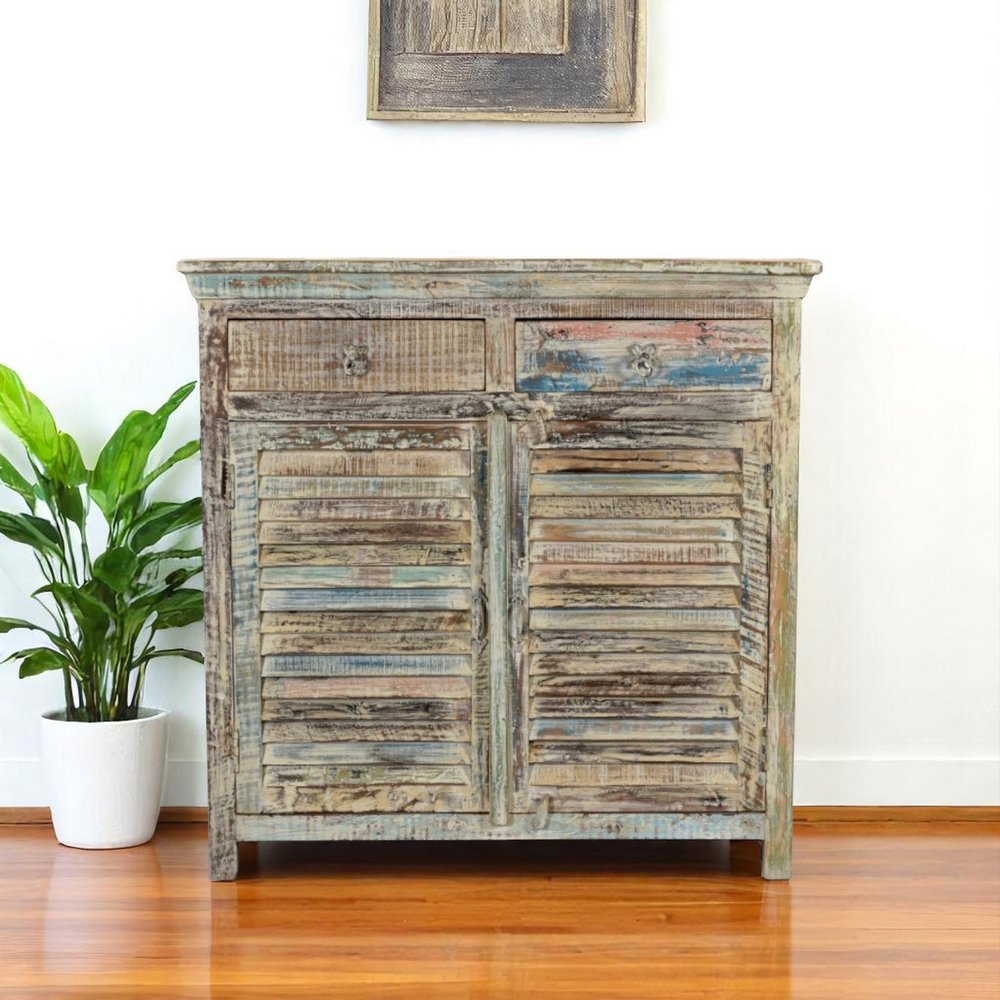 44" White Distressed Solid Wood Ribbed Texture Two Drawer Sideboard With Two Doors