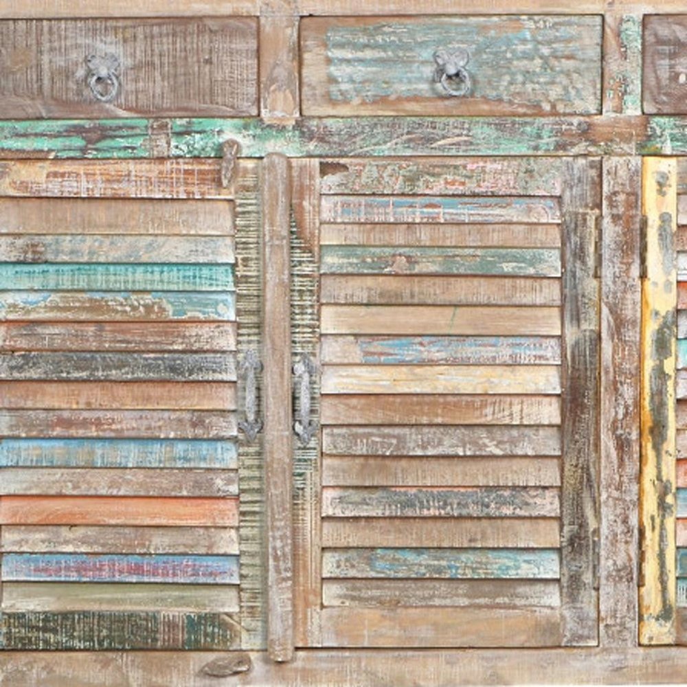 72" Natural And Rainbow Reclaimed Wood Shutter Style Sideboard with Four Doors