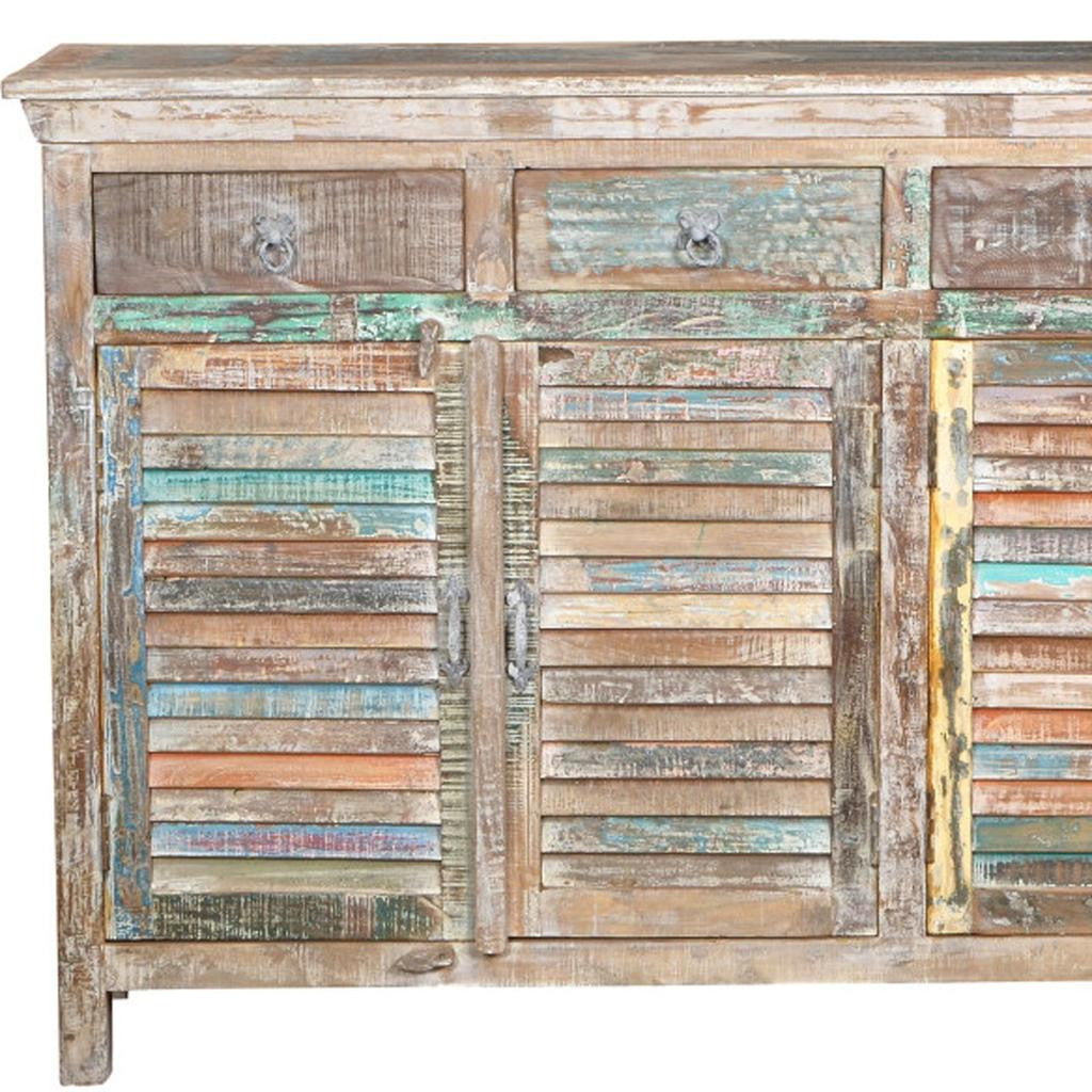 72" Natural And Rainbow Reclaimed Wood Shutter Style Sideboard with Four Doors