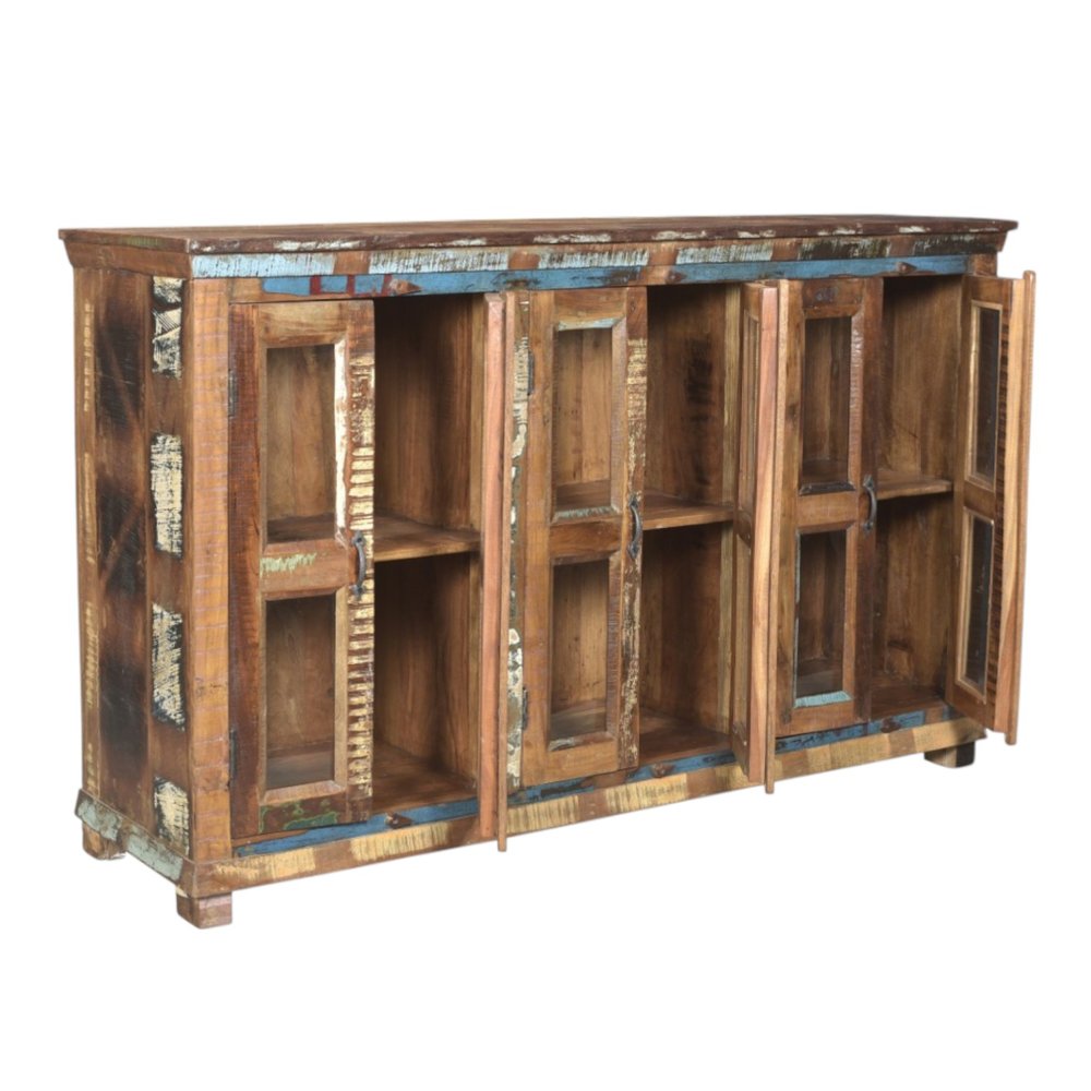 71" Brown Distressed Solid Wood Sideboard with Six Glass Doors
