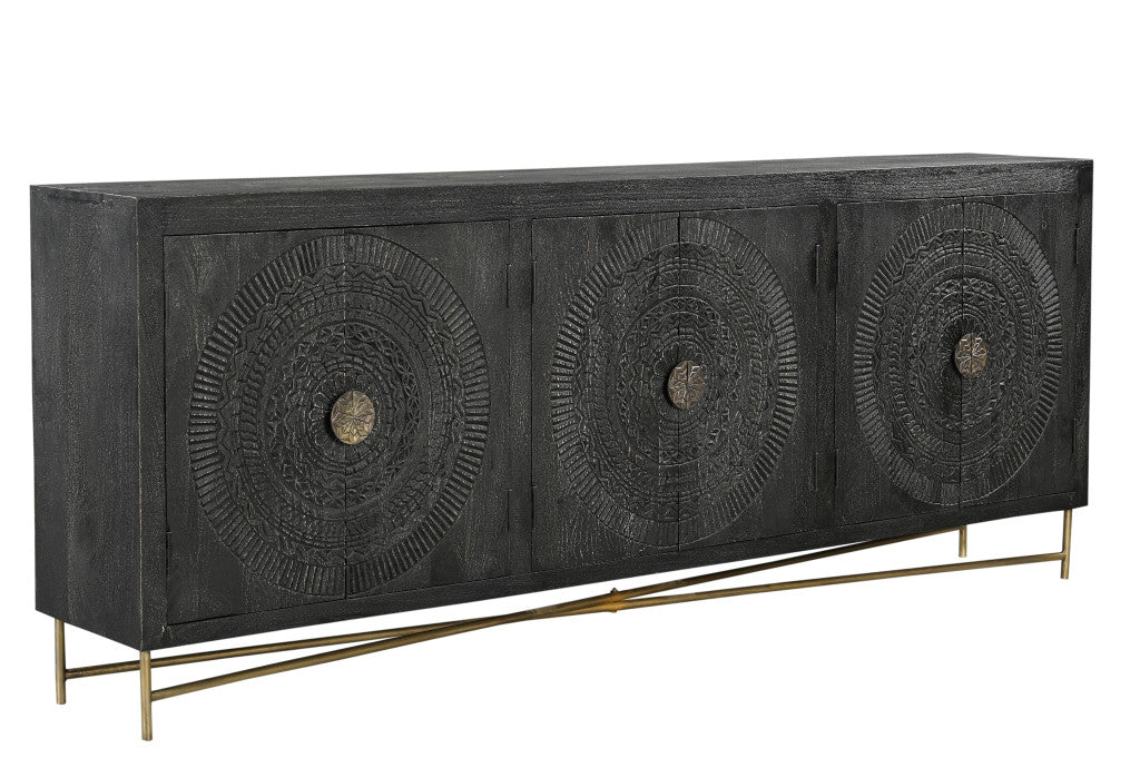 95" Black Distressed Solid Wood Carved Geometric Sideboard with Six Doors