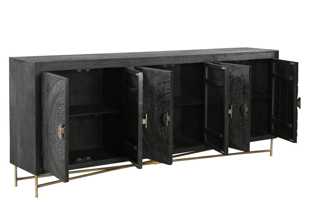 95" Black Distressed Solid Wood Carved Geometric Sideboard with Six Doors