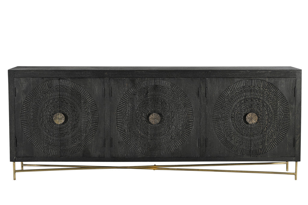 95" Black Distressed Solid Wood Carved Geometric Sideboard with Six Doors