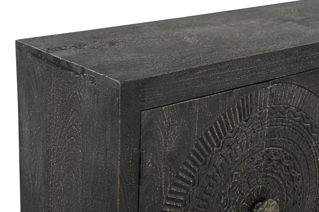 95" Black Distressed Solid Wood Carved Geometric Sideboard with Six Doors