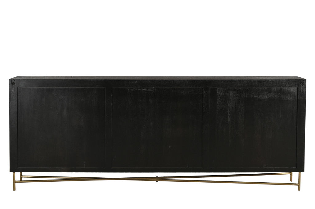 95" Black Distressed Solid Wood Carved Geometric Sideboard with Six Doors