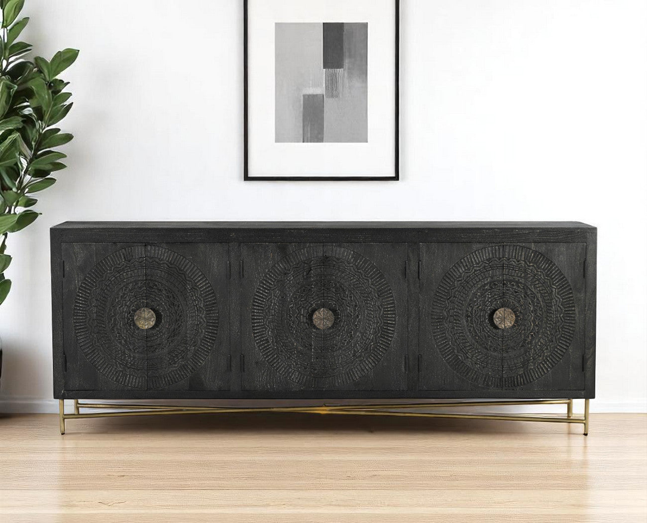 95" Black Distressed Solid Wood Carved Geometric Sideboard with Six Doors