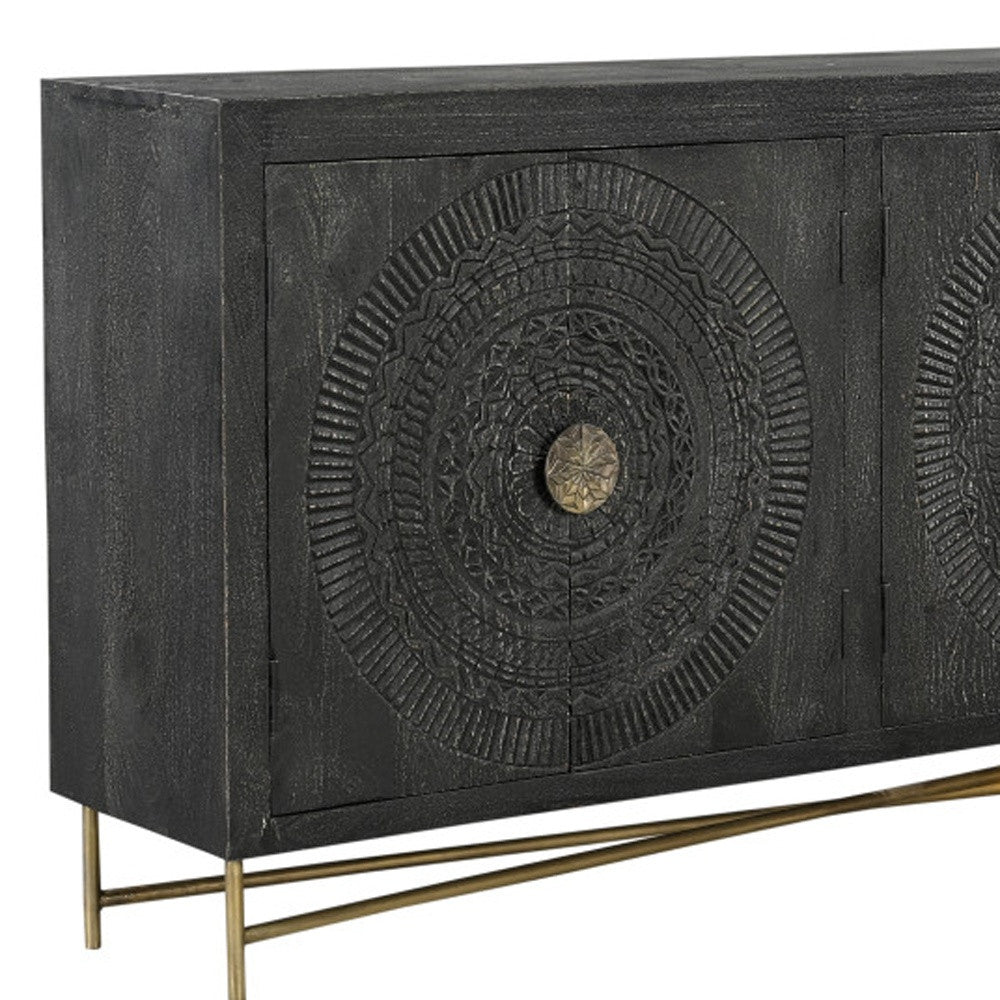 95" Black Distressed Solid Wood Carved Geometric Sideboard with Six Doors