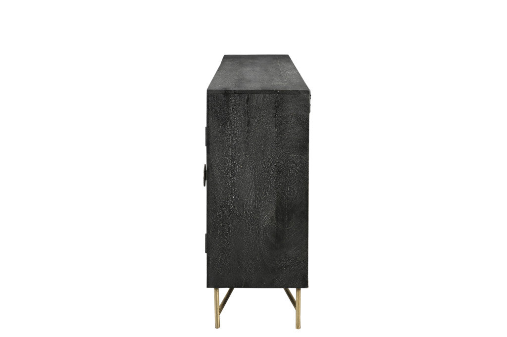 95" Black Distressed Solid Wood Carved Geometric Sideboard with Six Doors