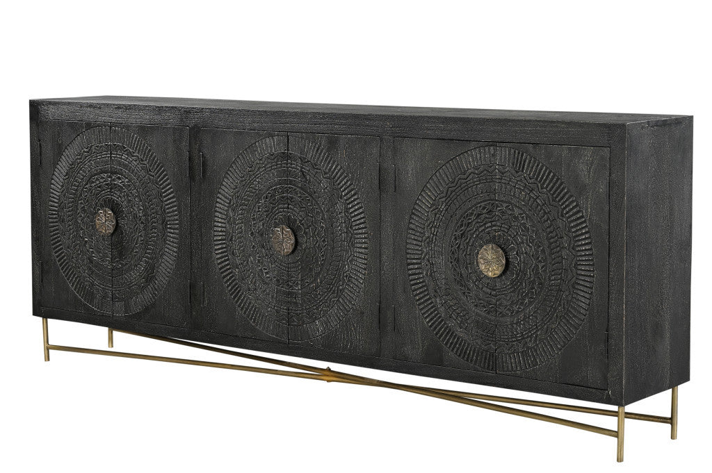 95" Black Distressed Solid Wood Carved Geometric Sideboard with Six Doors