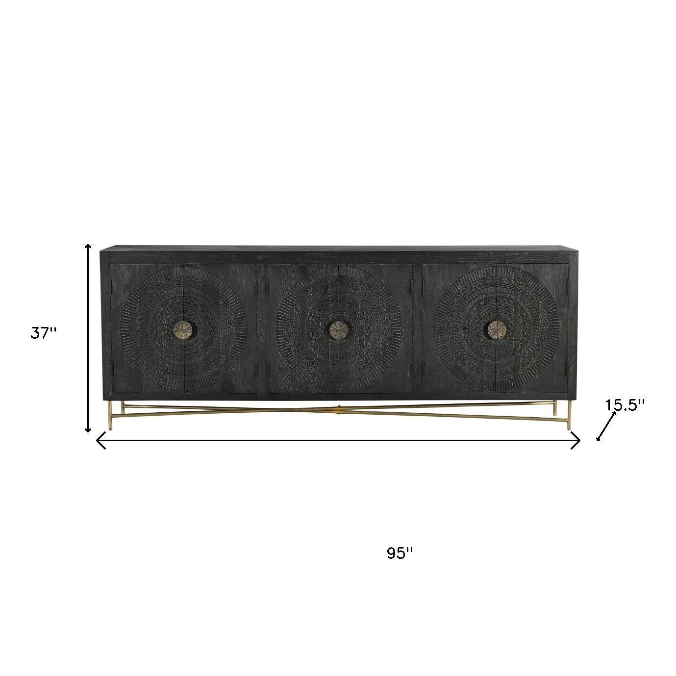 95" Black Distressed Solid Wood Carved Geometric Sideboard with Six Doors