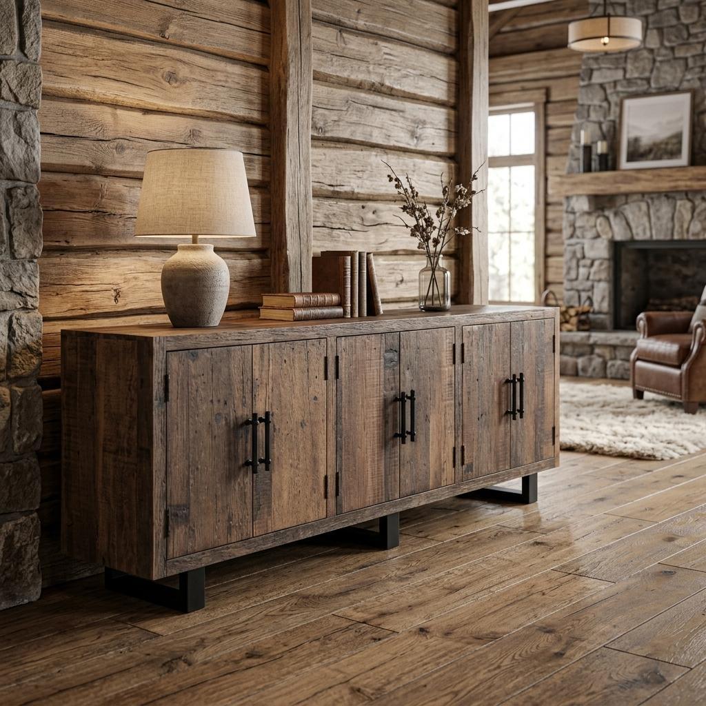 100" Dark Brown Distressed Reclaimed Wood Sideboard with Six Doors
