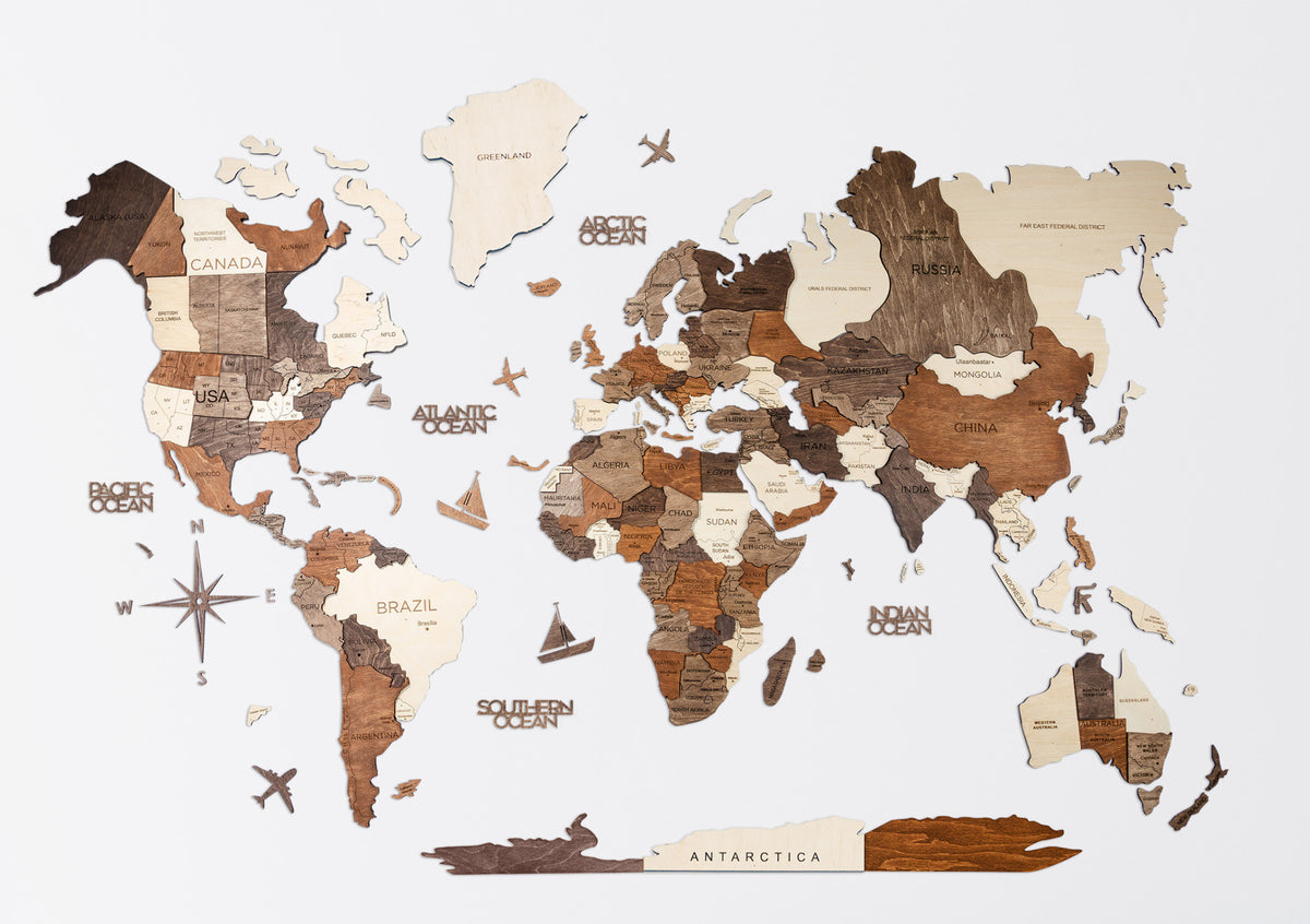 24" X 39" Brown and Beige Wood World Map Hanging Dimensional Sculpture
