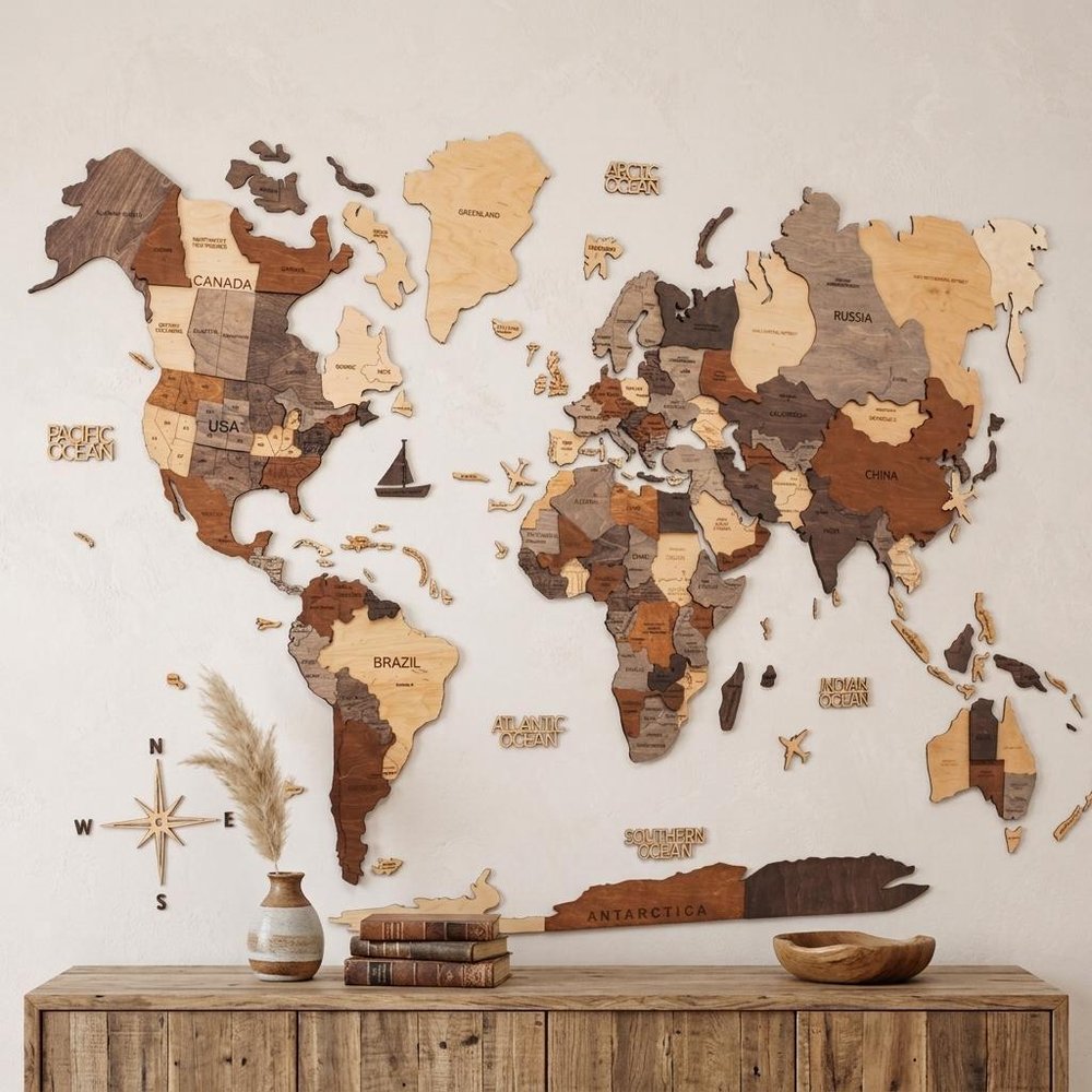 24" X 39" Brown and Beige Wood World Map Hanging Dimensional Sculpture