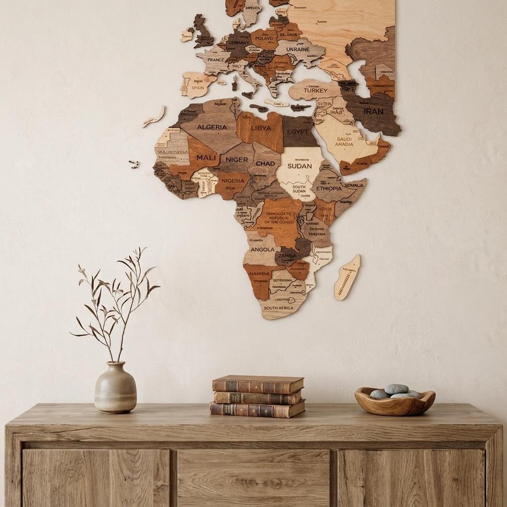 24" X 39" Brown and Beige Wood World Map Hanging Dimensional Sculpture
