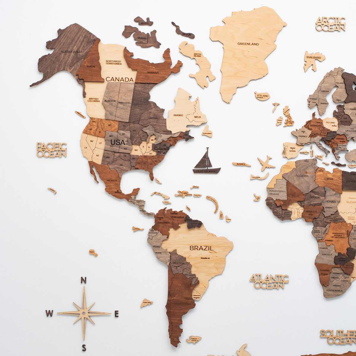 35" X 59" Brown and Beige Wood World Map Hanging Dimensional Sculpture