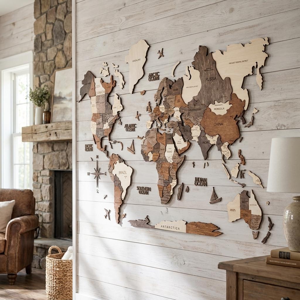 47" X 79" Brown and Beige Wood World Map Hanging Dimensional Sculpture