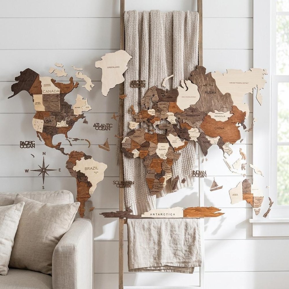 47" X 79" Brown and Beige Wood World Map Hanging Dimensional Sculpture