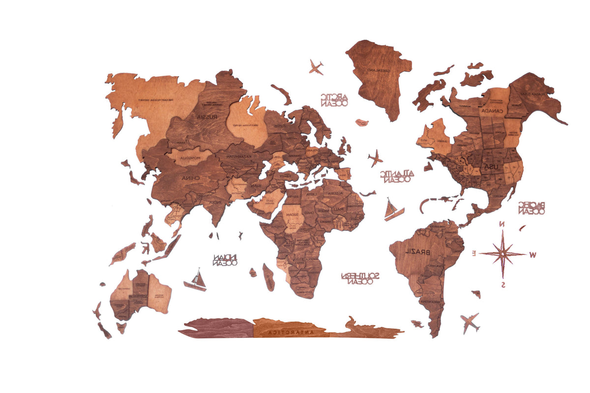 24" X 39" Brown and Tan Wood World Map Hanging Dimensional Sculpture