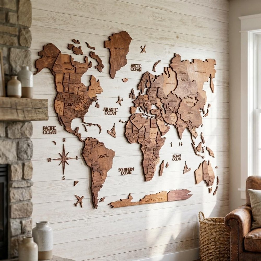 35" X 59" Brown and Tan Wood World Map Hanging Dimensional Sculpture