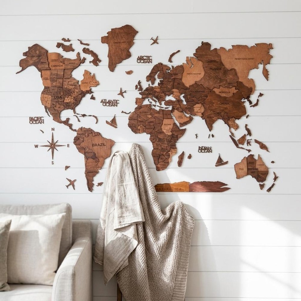 35" X 59" Brown and Tan Wood World Map Hanging Dimensional Sculpture