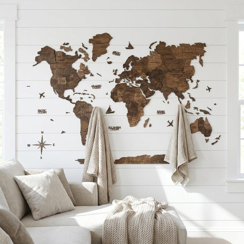 35" X 59" Dark Brown Wood World Map Hanging Dimensional Sculpture