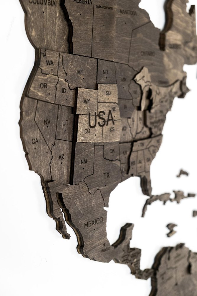 47" X 79" Dark Brown World Map Hanging Dimensional Sculpture