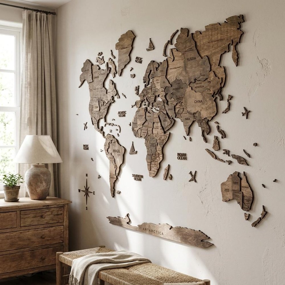 47" X 79" Dark Brown World Map Hanging Dimensional Sculpture