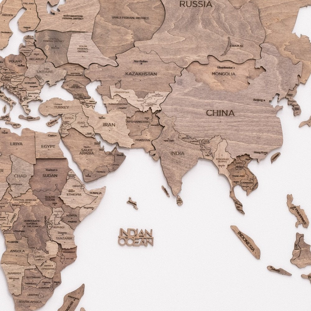 24" X 39" Brown World Map Hanging Dimensional Sculpture