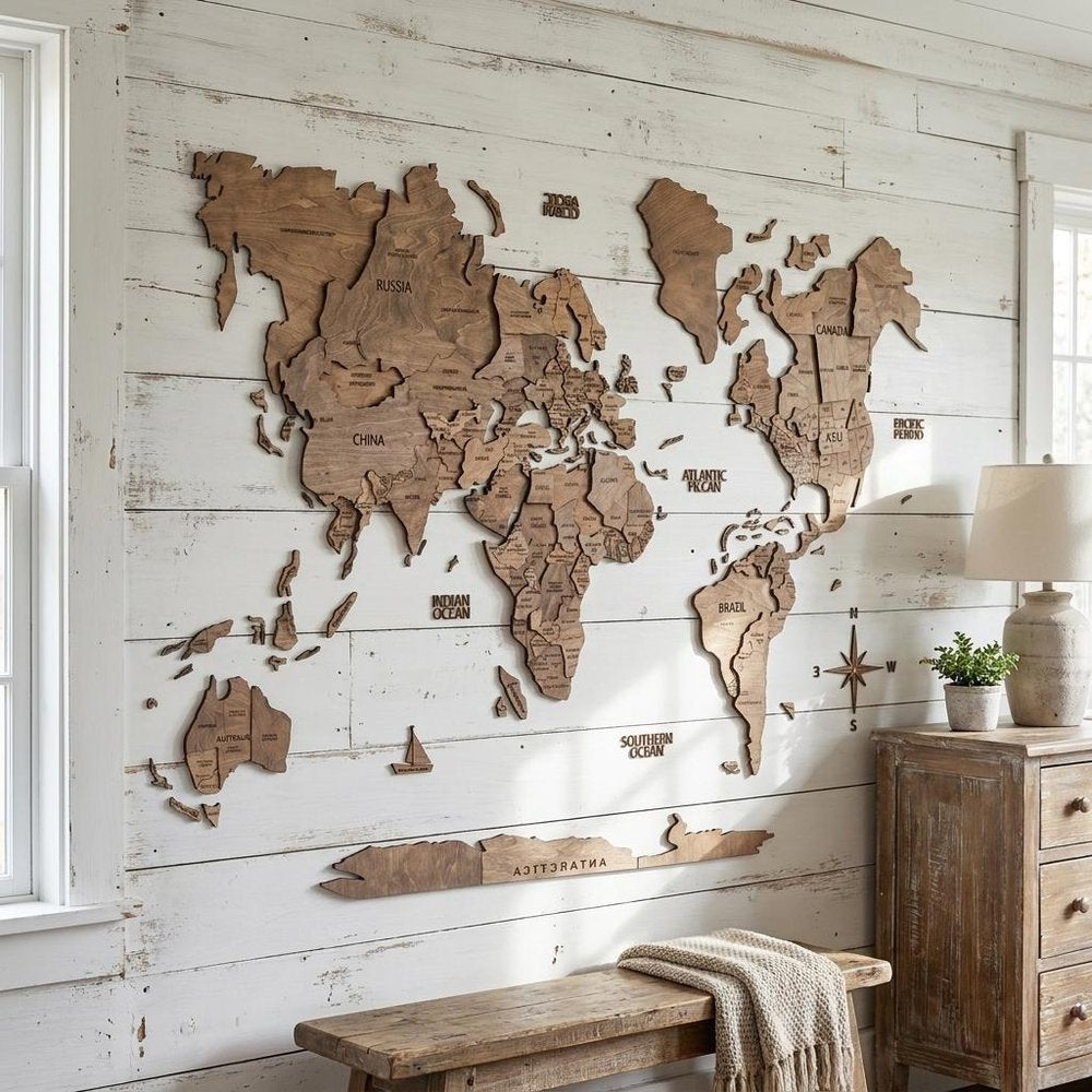 24" X 39" Brown World Map Hanging Dimensional Sculpture