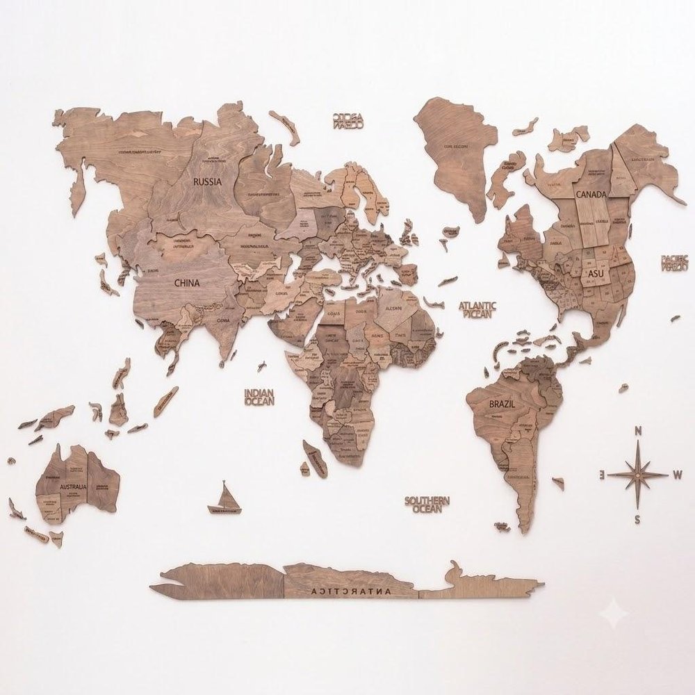24" X 39" Brown World Map Hanging Dimensional Sculpture