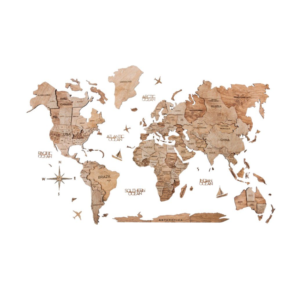 35" X 59" Wood Brown Wood World Map Hanging Dimensional Sculpture