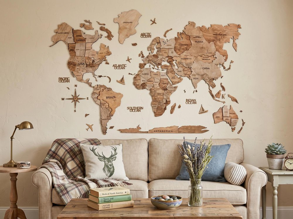 35" X 59" Wood Brown Wood World Map Hanging Dimensional Sculpture