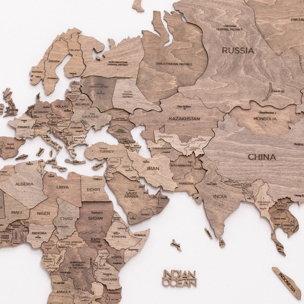 47" X 79" Brown World Map Hanging Dimensional Sculpture