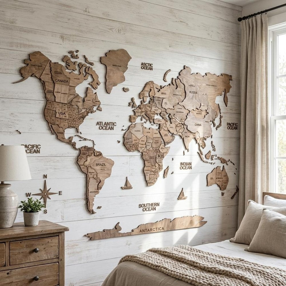 47" X 79" Brown World Map Hanging Dimensional Sculpture
