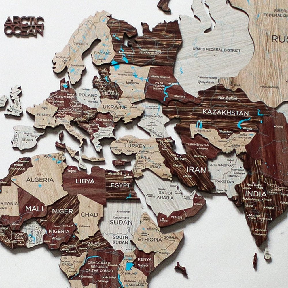 35" X 59" Beige And Brown World Map Hanging Dimensional Sculpture