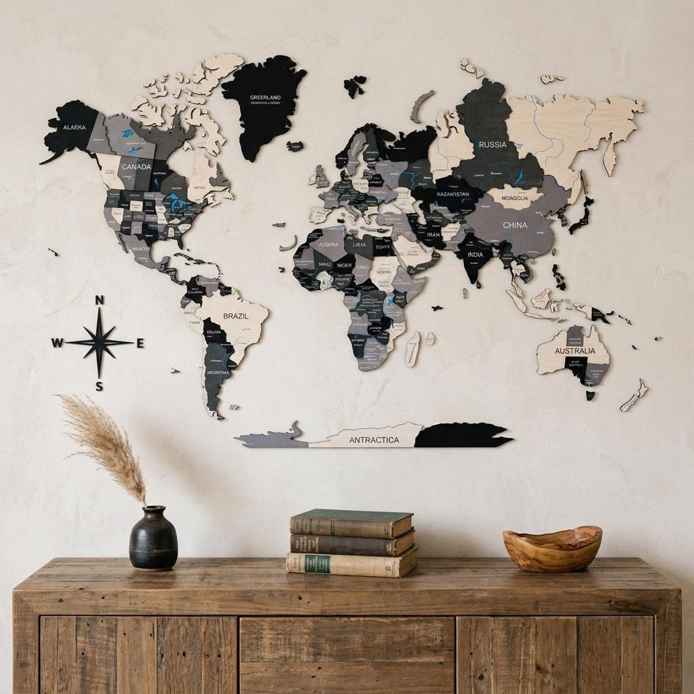 24" X 39" Black Gray and White Wood World Map Hanging Dimensional Sculpture