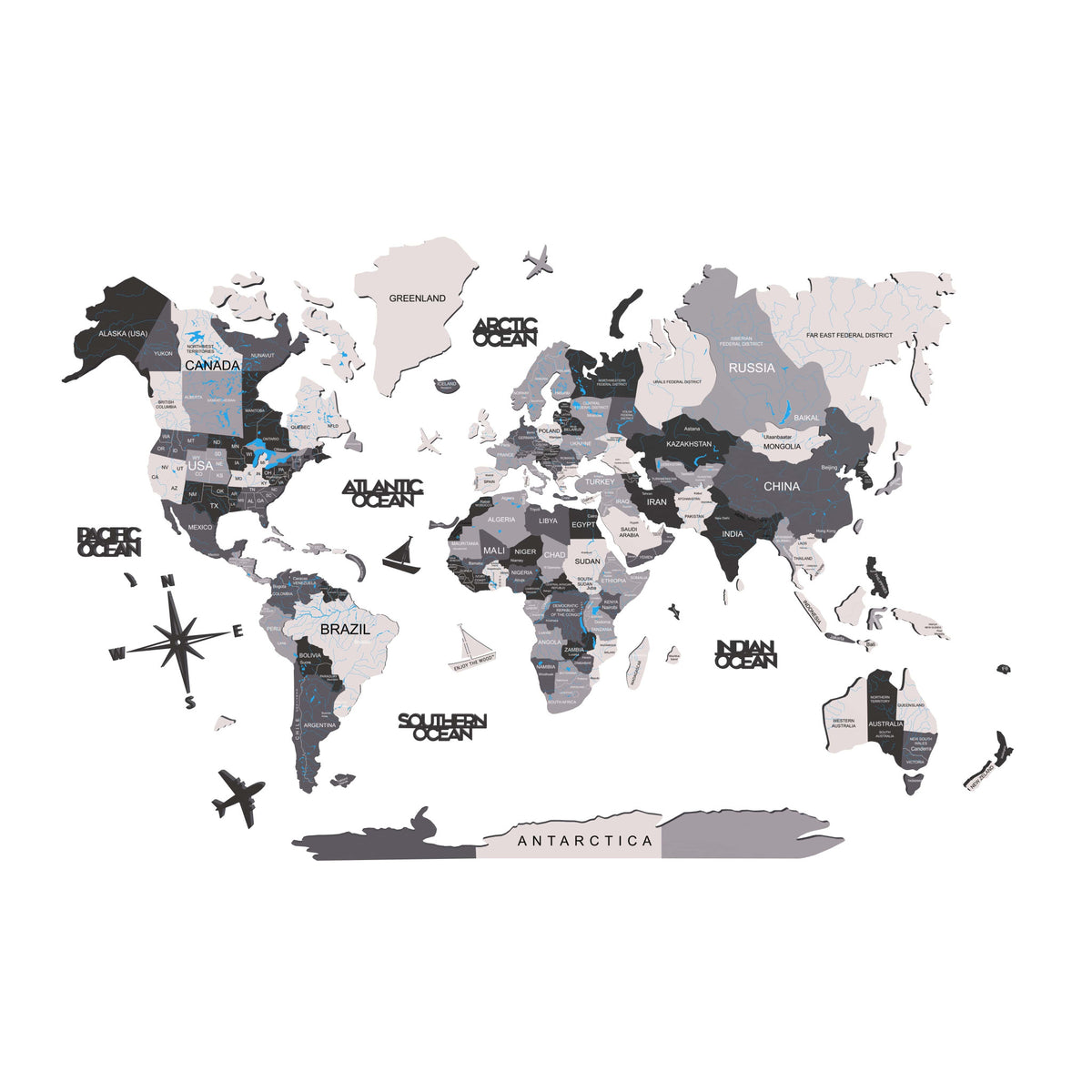 47" X 79" Black Gray And White World Map Wood Hanging Dimensional Sculpture