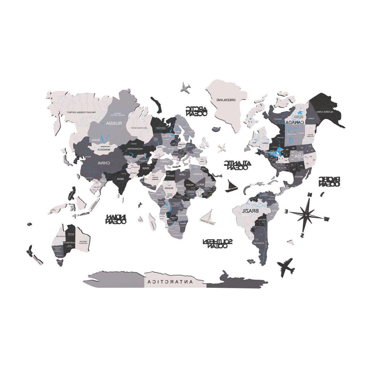47" X 79" Black Gray And White World Map Wood Hanging Dimensional Sculpture