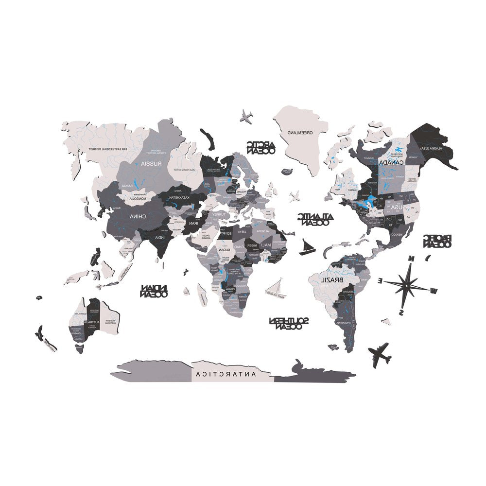 47" X 79" Black Gray And White World Map Wood Hanging Dimensional Sculpture