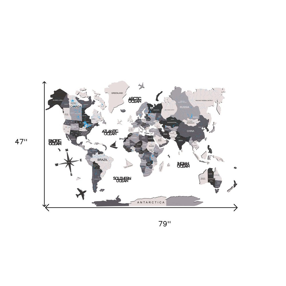 47" X 79" Black Gray And White World Map Wood Hanging Dimensional Sculpture