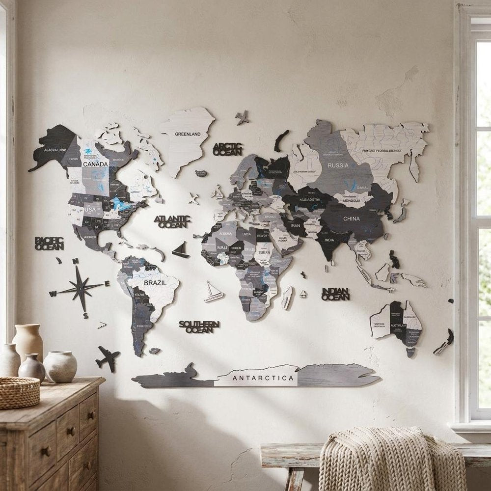 47" X 79" Black Gray And White World Map Wood Hanging Dimensional Sculpture