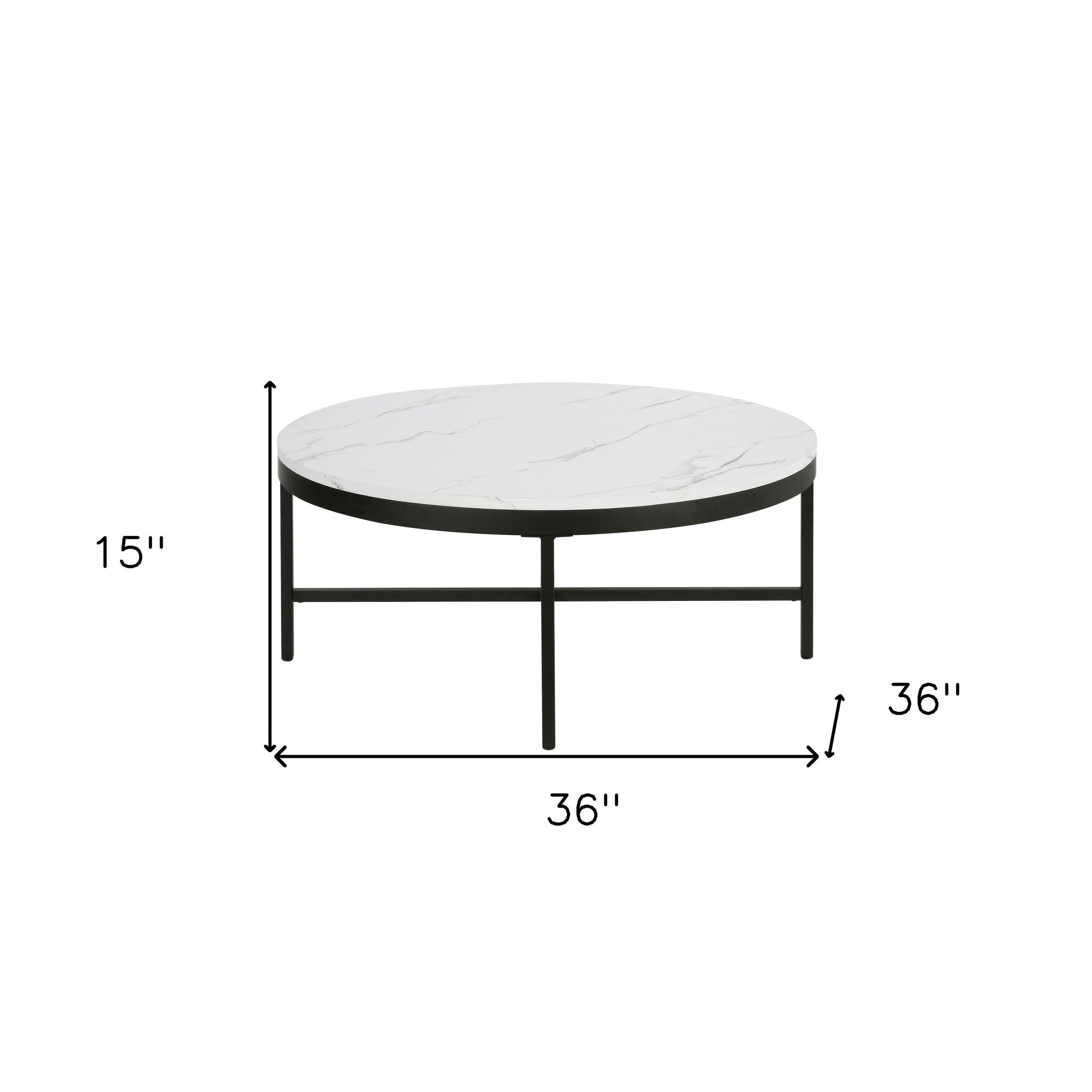 36" White And Black Faux Marble And Steel Round Coffee Table