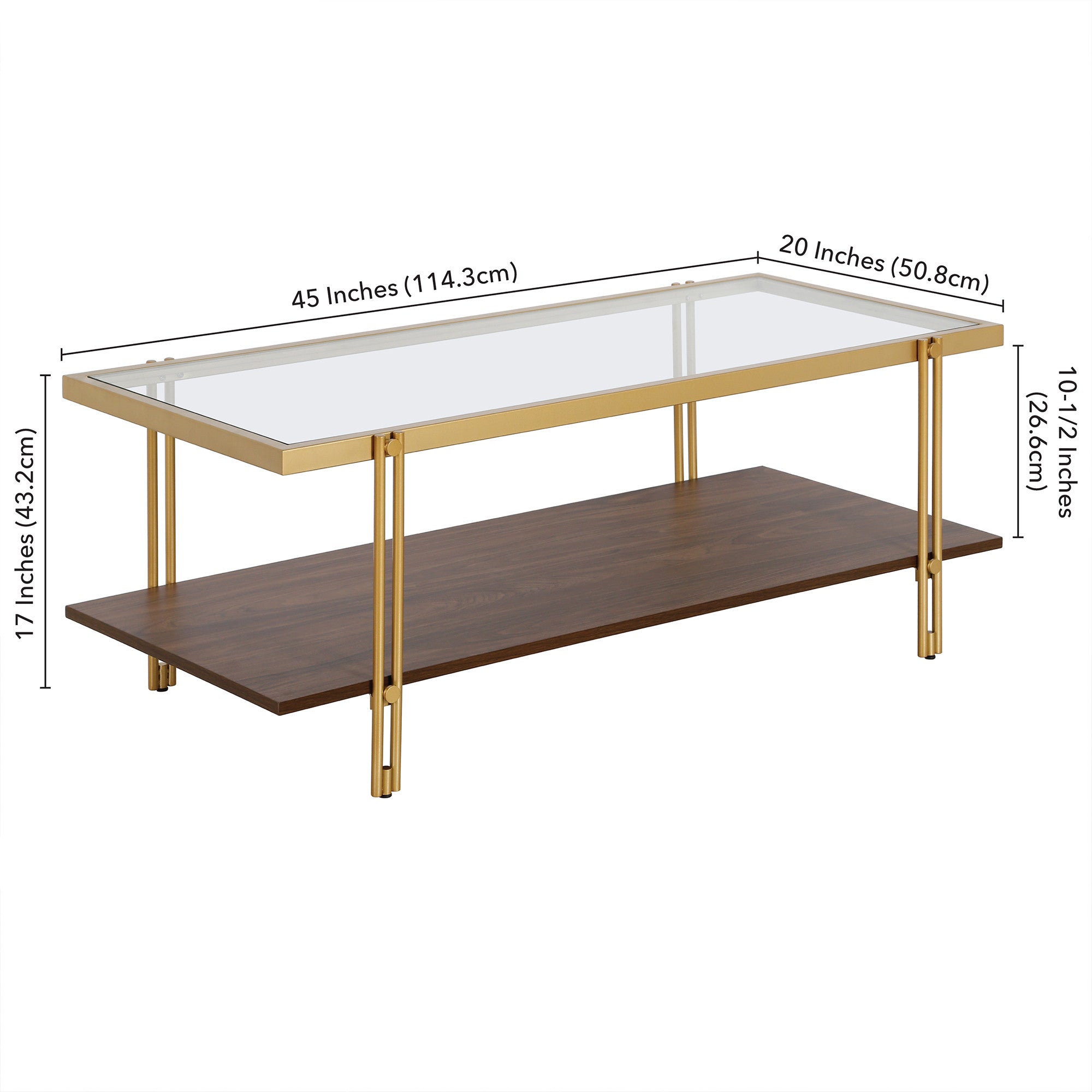 45" Brown And Gold Glass And Steel Coffee Table With Shelf