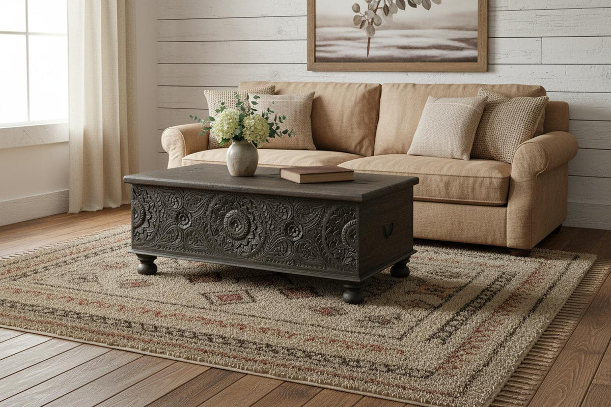 49" Black Solid Wood Distressed Lift Top Coffee Table