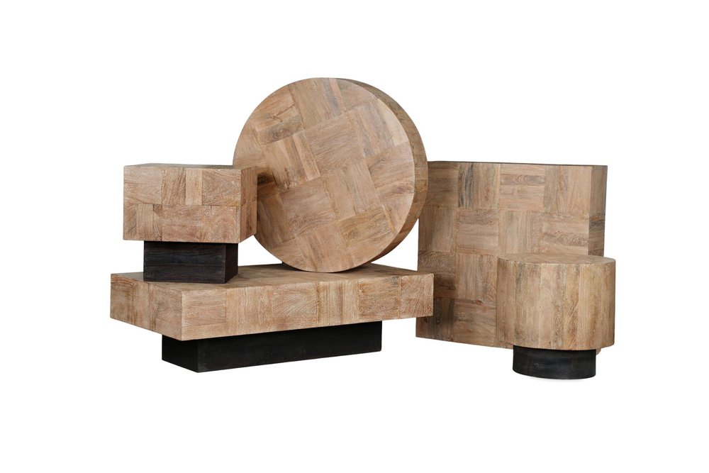 59" Natural and Black Solid Wood Block Coffee Table
