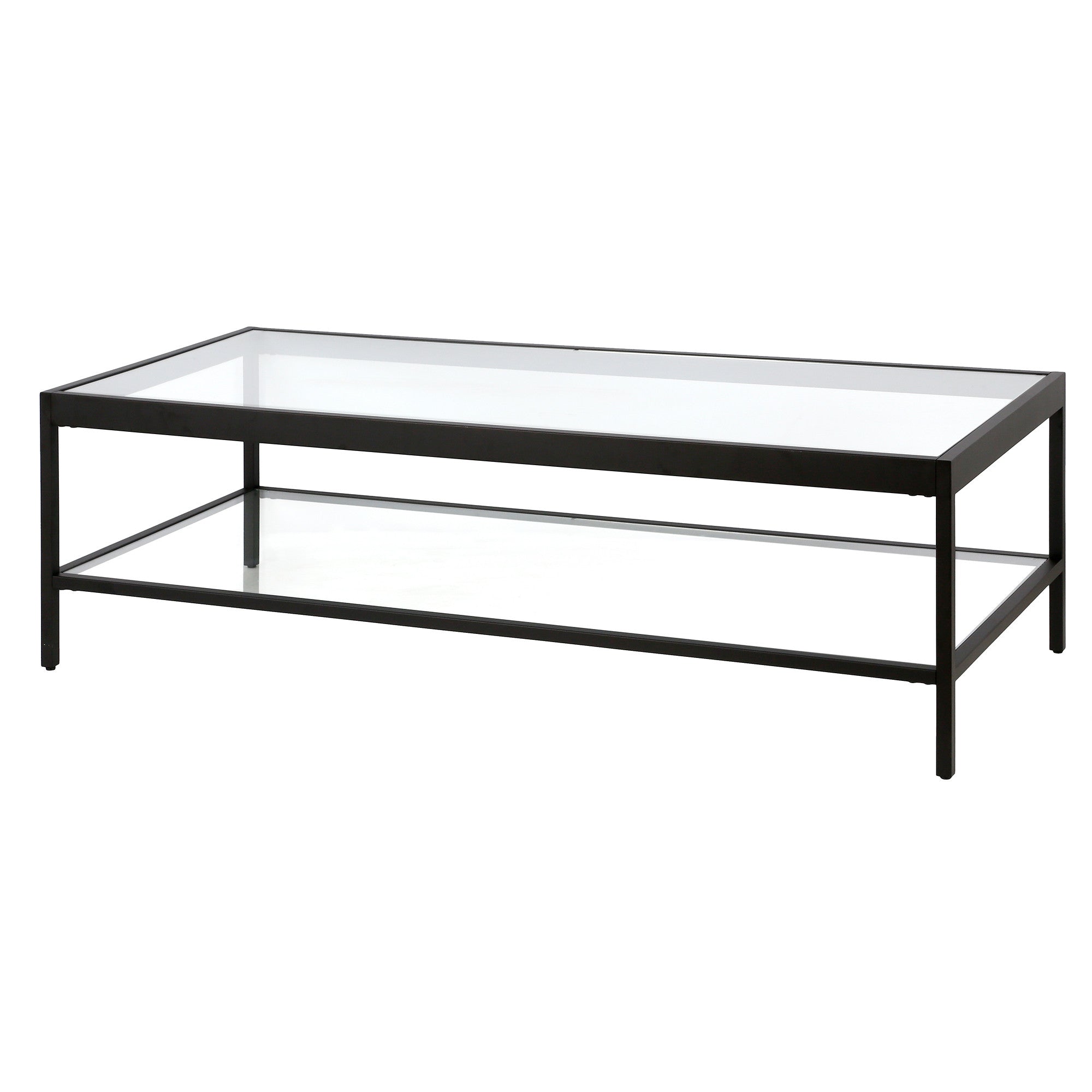 54" Clear And Black Glass And Steel Coffee Table With Shelf