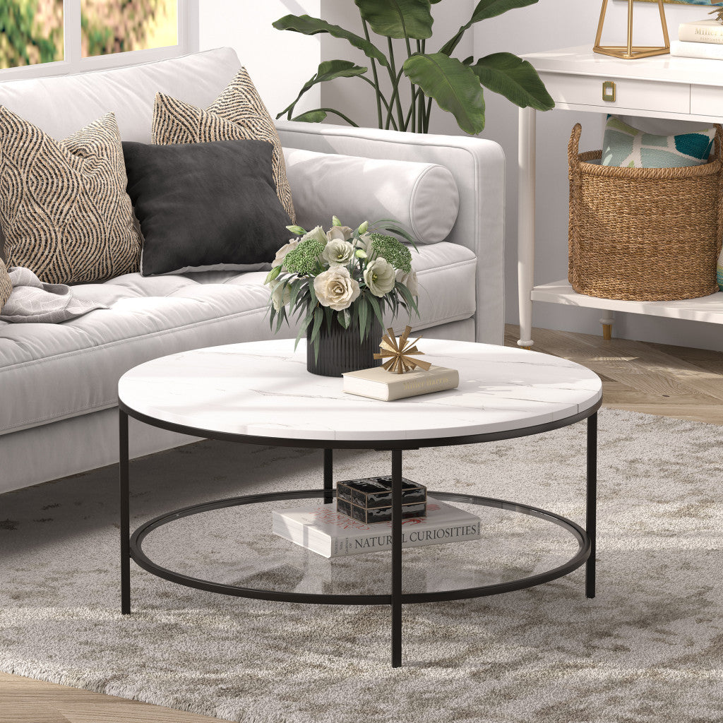 36" Black Faux Marble And Steel Round Coffee Table With Shelf