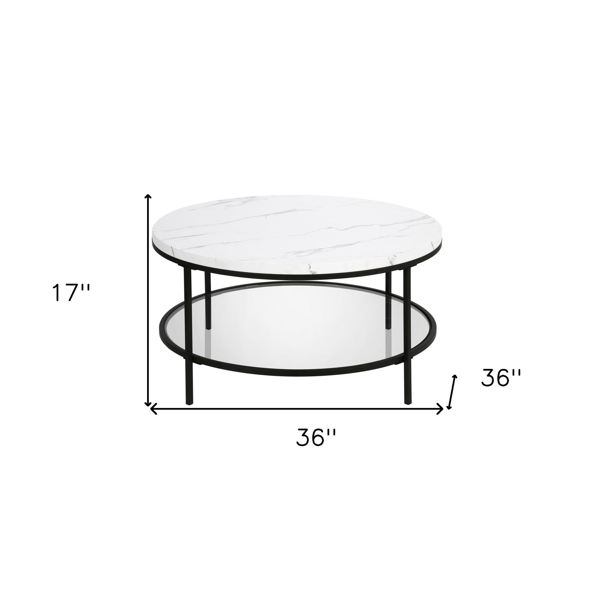 36" Black Faux Marble And Steel Round Coffee Table With Shelf