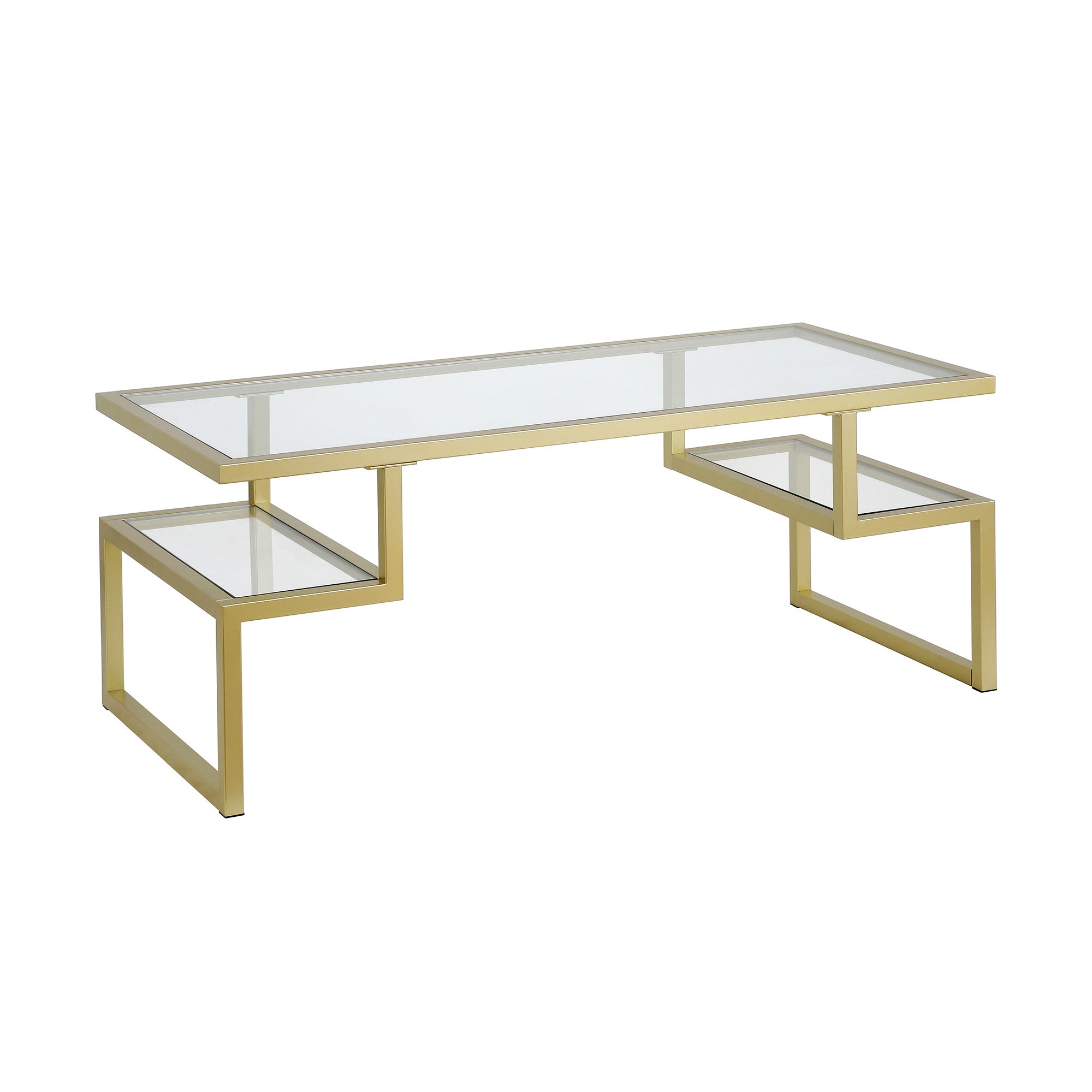 45" Gold Glass And Steel Coffee Table With Two Shelves